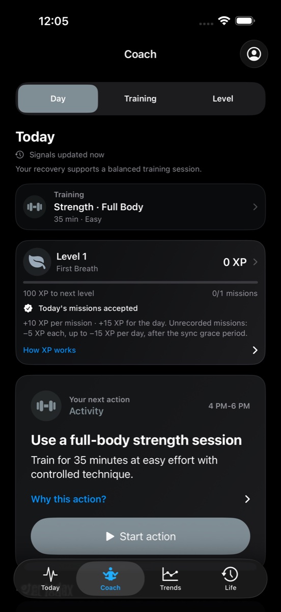 Vytalio Coach showing a daily strength session, Level 1 progress, mission rewards and the reason for the next action.